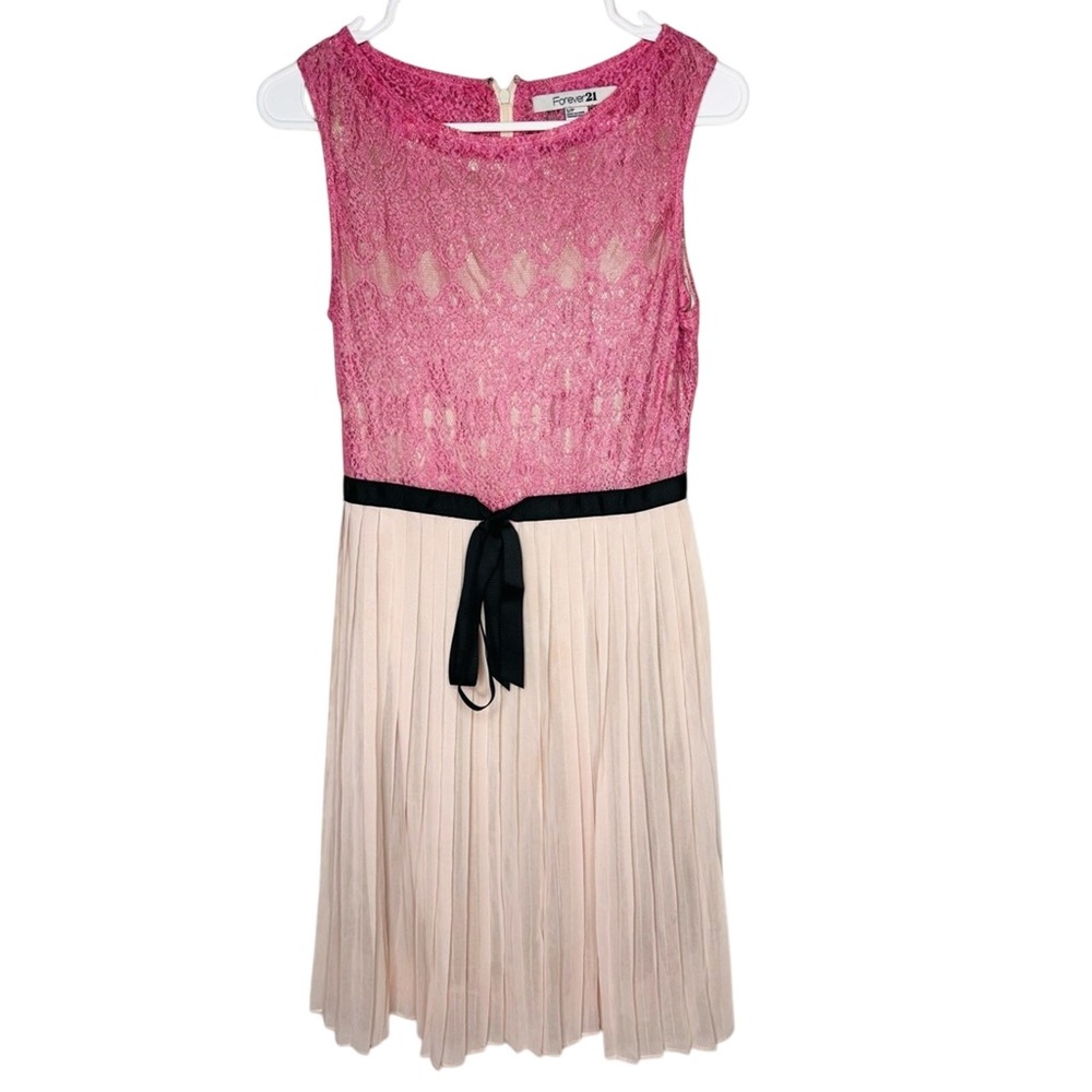 Vtg Forever 21 Women‎ Y2K Pink Dress Lace Pleated Tie Bow Twee Coquette